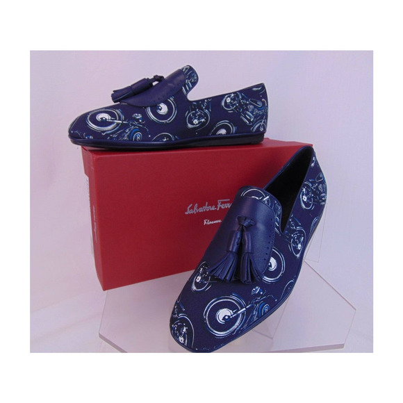 NIB SALVATORE FERRAGAMO FINNEGAN BLUE MOTORCYCLE PRINT FABRIC TASSEL LOAFERS 10 main image 10